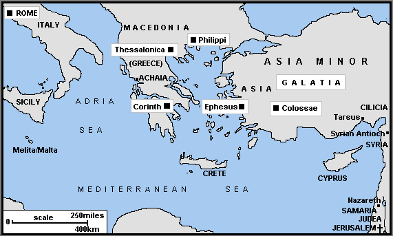 A map of cities visited by Paul in his missionary journeys