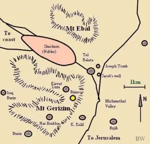 Map showing location of Jacob's Well and Joseph's Tomb