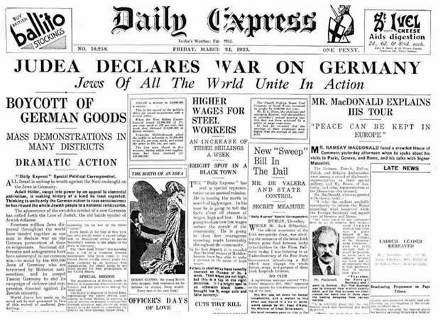 Jews of the world declared War against Germany: Jews wage war on Germany 6 years prior to start of WW2