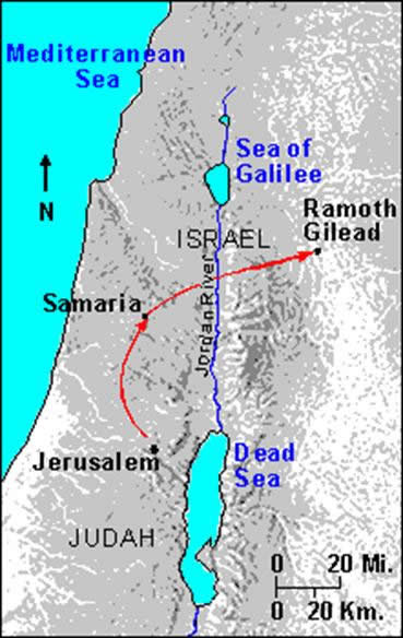 Map of Jehoshaphat’s journey to Samaria and from Samaria to Ramoth-gilead to battle the Syrians. Jehoshaphat was almost killed; Ahab’s life was ended.